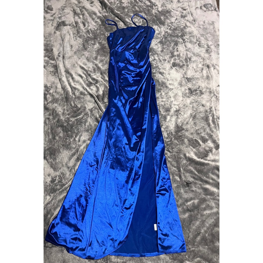 Emerald Sundae Royal Blue Satin Ruched Back High Slit Maxi Dress Sz M